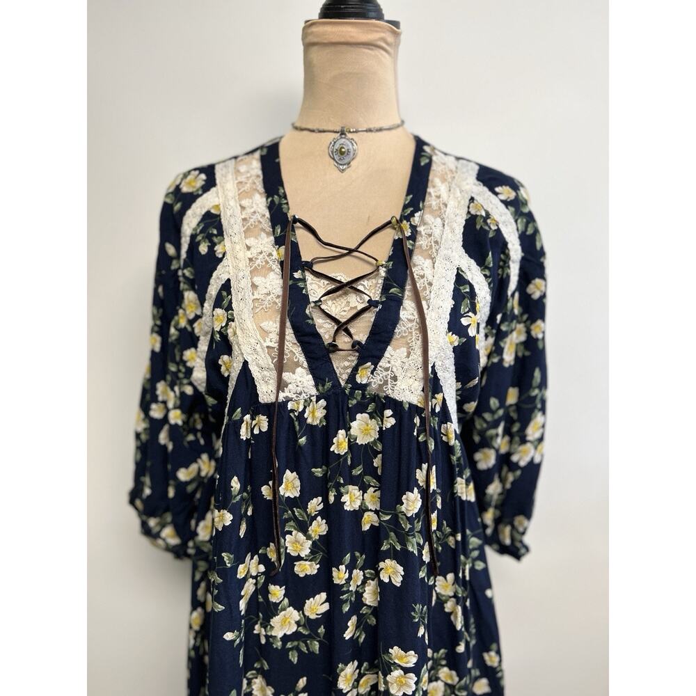 Umgee Boho Dress Medium Cottage Daisy Flowy Lace Up Top Hippie Pheasant - Picture 2 of 12